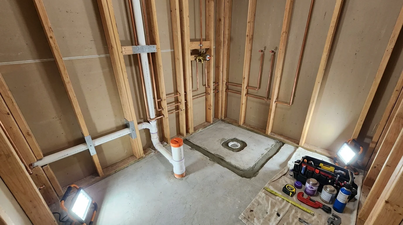 Bathroom rough-in plumbing during remodel by Johns Plumbing LLC in Waterbury