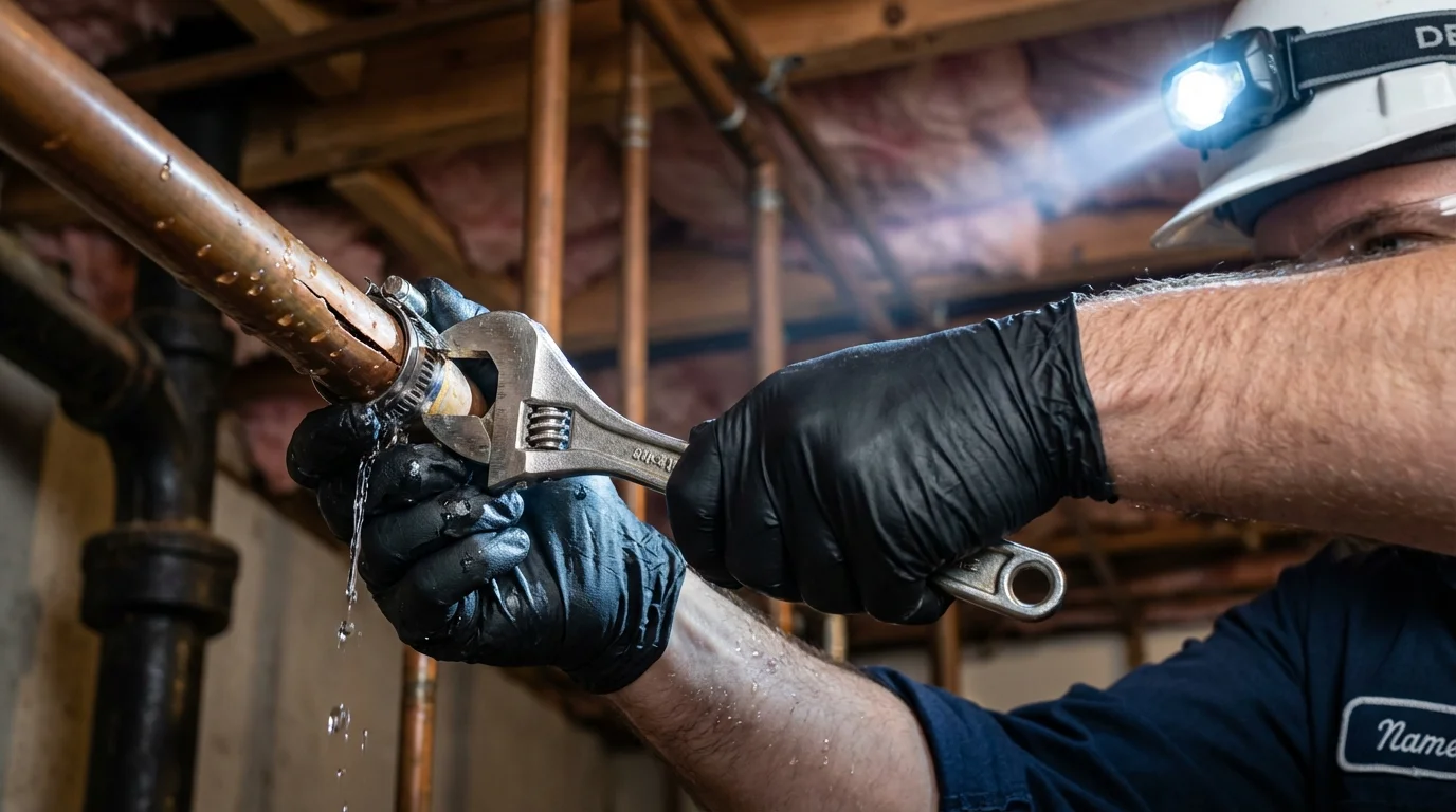 Emergency pipe clamp repair being performed by a Johns Plumbing LLC plumber in Waterbury
