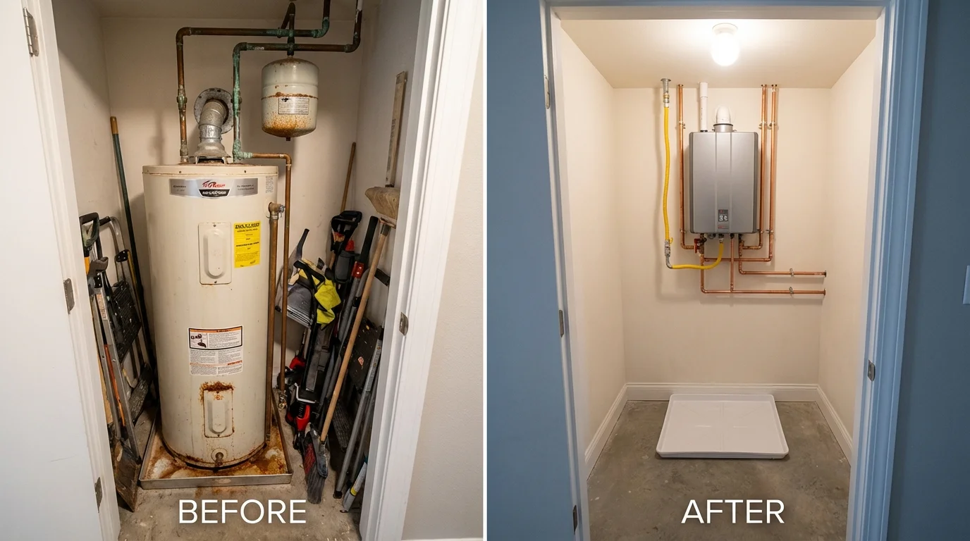Tank water heater versus wall-mounted tankless unit comparison for Waterbury, VT homeowners