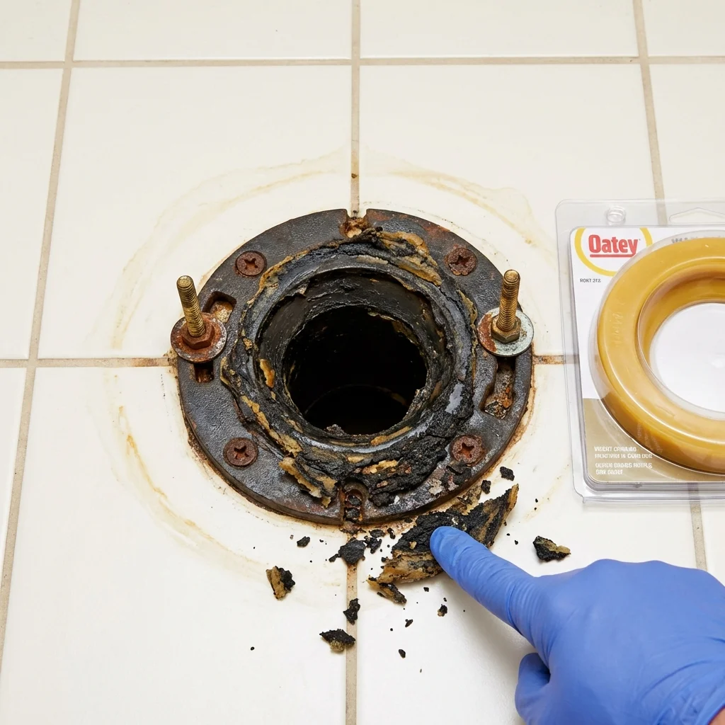 Failed wax ring showing water seepage at the base of a toilet in a Waterbury, VT home
