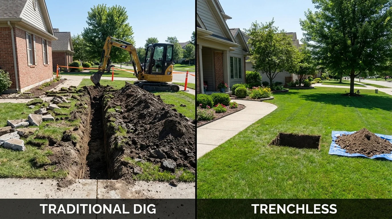 Trenchless sewer repair with minimal yard damage versus traditional excavation in Waterbury, VT