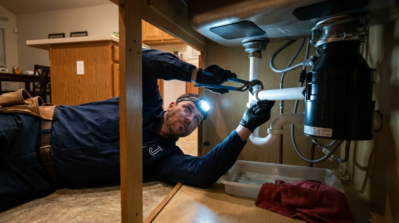 P-trap and supply line connections under a kitchen sink showing a common leak point in Waterbury, VT